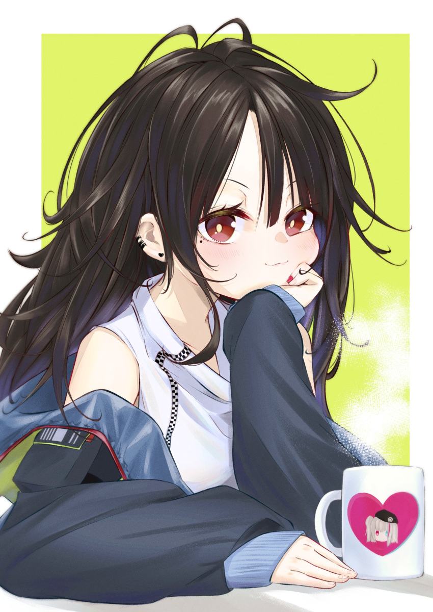 1girl aa-12_(girls'_frontline) absurdres bare_shoulders black_hair black_jacket border c-ms_(girls'_frontline) closed_mouth cup earrings girls_frontline hand_on_own_chin hand_on_own_face highres jacket jewelry long_hair looking_at_viewer mole mole_under_eye mug ohichi16 open_clothes open_jacket red_eyes shirt solo table white_border white_shirt yellow_background