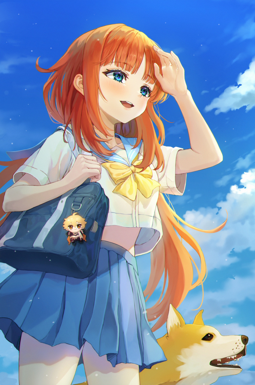 1girl bangs blouse blue_eyes bow clouds dog genshin_impact highres hue_oo long_hair nilou_(genshin_impact) open_mouth pleated_skirt redhead sailor_collar school_uniform serafuku shirt short_sleeves skirt sky solo