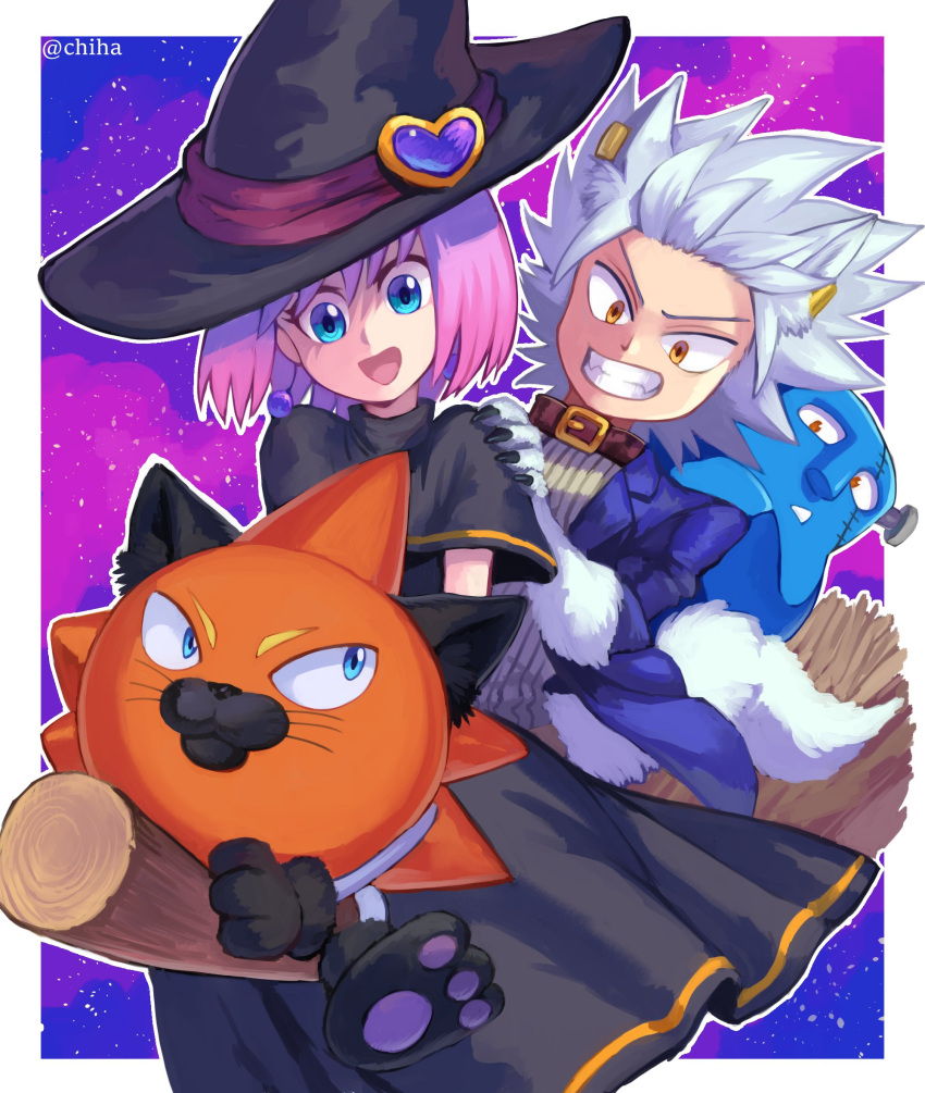 1girl 2boys beauty_(bobobo-bo_bo-bobo) blue_eyes blush bobobo-bo_bo-bobo broom broom_riding chiha_bobobo don_patch dress earrings gloves halloween halloween_costume hat heppokomaru highres jewelry multiple_boys open_mouth pink_hair short_hair smile tokoro_tennosuke witch_hat