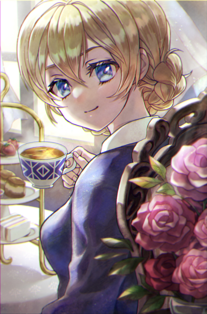 1girl absurdres backlighting bangs blonde_hair blue_eyes blue_sweater blurry blurry_foreground braid closed_mouth commentary cup darjeeling_(girls_und_panzer) dessert dress_shirt flower food from_behind fruit girls_und_panzer highres holding holding_cup indoors long_sleeves looking_at_viewer looking_back mahos_san pink_flower pink_rose rose school_uniform shirt short_hair smile solo st._gloriana's_school_uniform strawberry sweater table tea teacup tiered_tray twin_braids white_shirt window wooden_chair
