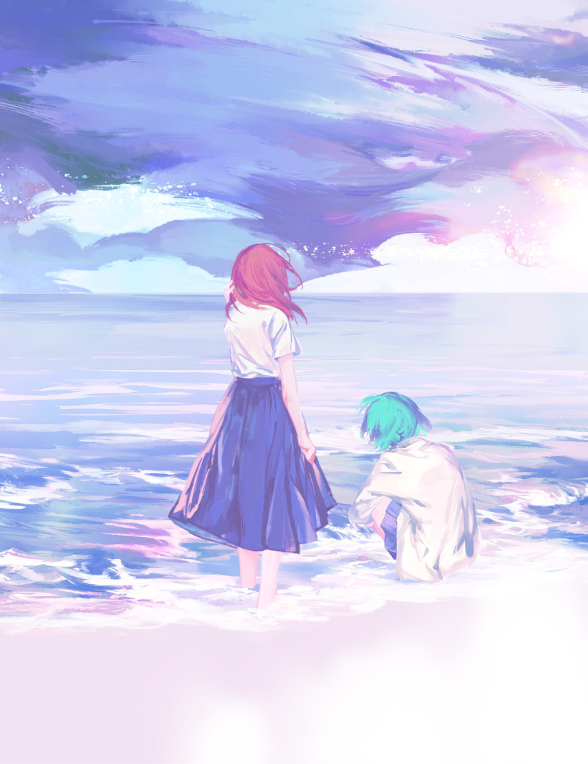 2others absurdres androgynous aqua_hair arm_at_side beach black_skirt cinnabar_(houseki_no_kuni) cizihoudanshao clenched_hand clouds cloudy_sky collared_shirt contemporary day facing_away floating_hair from_behind hand_on_own_head highres horizon houseki_no_kuni long_hair long_sleeves miniskirt multiple_others nature ocean other_focus outdoors phosphophyllite redhead shirt shirt_tucked_in short_hair short_sleeves skirt sky standing untucked_shirt wading water white_shirt wind