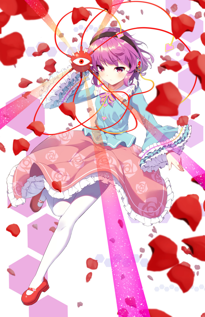 1girl absurdres album_cover ambasa blouse blue_shirt blush bow bowtie buttons cover dot_nose falling_petals floral_print frilled_shirt_collar frilled_skirt frilled_sleeves frills full_body hair_ornament hand_up headphones heart heart_button heart_hair_ornament highres holding incredibly_absurdres komeiji_satori long_sleeves looking_at_viewer mary_janes pantyhose parted_lips petals pink_skirt purple_bow purple_bowtie purple_hair red_eyes red_footwear ribbon_trim rose_petals rose_print shirt shoes short_hair skirt solo third_eye touhou v-shaped_eyebrows violet_eyes white_pantyhose wide_sleeves