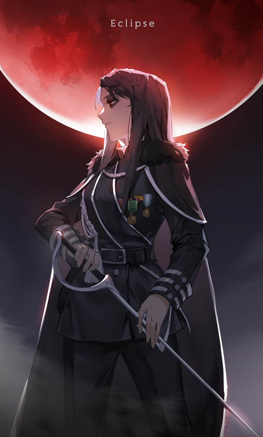 1girl absurdres akechi_(826988799) belt black_belt black_cape black_capelet black_eyeshadow black_fur black_hair black_jacket black_pants cape capelet eclipse eyeshadow from_side fur-trimmed_capelet fur_trim highres holding holding_sword holding_weapon jacket k-pop long_hair looking_ahead makeup mamamoo medal moon moonbyul_(mamamoo) pants rapier real_life red_moon solo song_name sword weapon