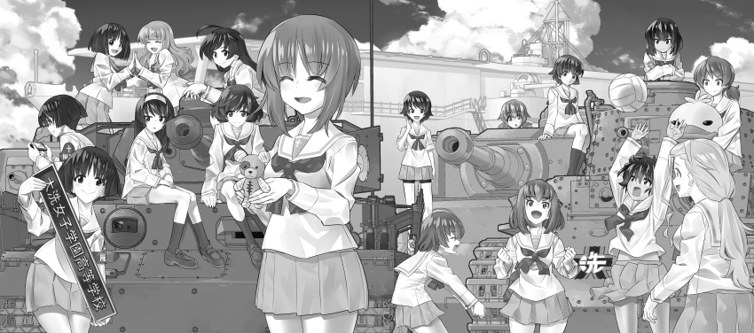 6+girls absurdres ahoge aircraft_carrier akiyama_yukari anglerfish arms_up bangs bike_shorts_under_skirt blouse blunt_bangs blunt_ends blurry blurry_background bob_cut bump_(volleyball) char_b1 clenched_hands closed_eyes closed_mouth clouds cloudy_sky commentary_request crossed_arms dark-skinned_female dark_skin day depth_of_field duck_head emblem facing_viewer girls_und_panzer glasses gotou_moyoko greyscale grin ground_vehicle hair_tie hand_to_own_mouth handheld_game_console highres holding holding_handheld_game_console holding_sign holding_stuffed_toy hoshino_(girls_und_panzer) inou_takashi interlocked_fingers isobe_noriko isuzu_hana kawanishi_shinobu kondou_taeko konparu_nozomi leaning_forward long_hair long_sleeves looking_at_another looking_at_viewer low_ponytail low_twintails medium_hair messy_hair midriff_peek military military_vehicle miniskirt monochrome motor_vehicle multiple_girls nakajima_(girls_und_panzer) neckerchief nishizumi_miho no_hairband no_headband on_vehicle ooarai_(emblem) ooarai_school_uniform open_mouth ou_taiga outdoors own_hands_together panzerkampfwagen_iv parted_lips playing_games pleated_skirt reizei_mako sailor_collar sasaki_akebi school_uniform serafuku ship shirt shoes short_hair short_ponytail sign sitting skirt sky sleeves_rolled_up smile sneakers sono_midoriko standing stuffed_animal stuffed_toy suzuki_(girls_und_panzer) takebe_saori tank teddy_bear tiger_(p) tsuchiya_(girls_und_panzer) twintails type_89_i-gou volleyball warship watercraft zuikaku_(girls_und_panzer)