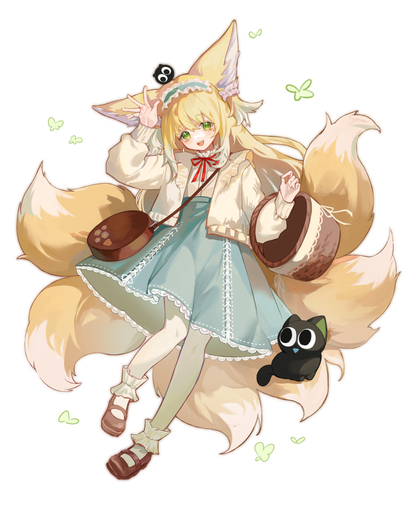 1girl :d absurdres animal_ear_fluff animal_ears arknights arm_up bag bangs basket black_cat blonde_hair blue_hairband blue_skirt brown_footwear cat crossover fox_ears fox_girl fox_tail frilled_hairband frills full_body green_eyes hair_between_eyes hairband head_tilt heixiu high-waist_skirt highres jacket jiuzhang616 kitsune long_hair long_sleeves looking_at_viewer luoxiaohei multicolored_hair neck_ribbon on_head open_clothes open_jacket pantyhose puffy_long_sleeves puffy_sleeves red_ribbon ribbon shirt shoes shoulder_bag skirt sleeves_past_wrists smile solo suzuran_(arknights) suzuran_(spring_praise)_(arknights) tail the_legend_of_luo_xiaohei two-tone_hair very_long_hair white_background white_hair white_jacket white_pantyhose white_shirt
