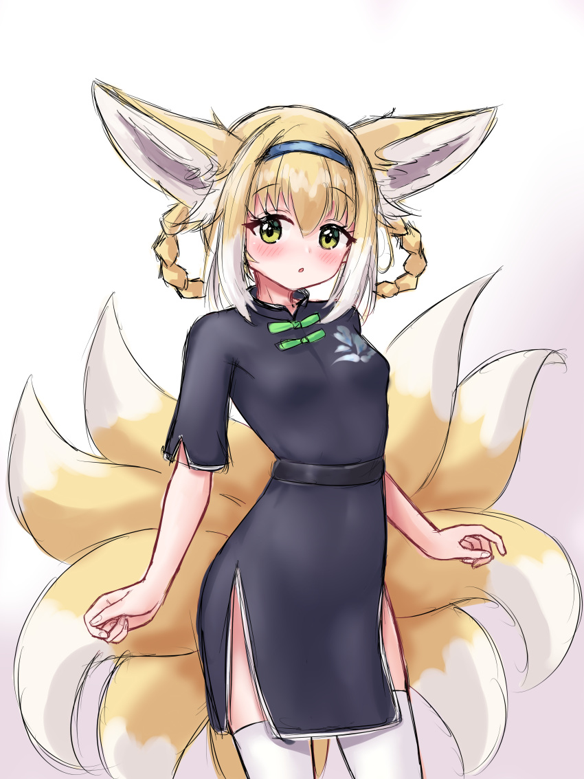 1girl :o absurdres animal_ear_fluff animal_ears arknights bangs black_dress blonde_hair blue_archive blue_hairband blush bow braid breasts cosplay dress fox_ears fox_girl fox_tail gradient gradient_background green_bow green_eyes hair_between_eyes hair_rings hairband highres kyuubi looking_at_viewer multicolored_hair multiple_tails parted_lips pink_background rylaera short_sleeves shun_(blue_archive) shun_(blue_archive)_(cosplay) small_breasts solo standing suzuran_(arknights) tail thigh-highs twin_braids two-tone_hair white_background white_hair white_thighhighs