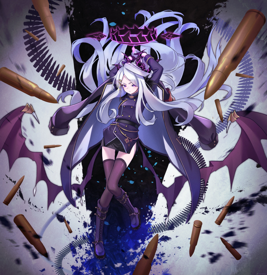 1girl absurdres aiguillette ammunition_belt arms_up bangs belt black_belt black_skirt black_thighhighs blue_archive boots bullet closed_mouth coat coat_on_shoulders demon_horns demon_wings floating_hair full_body gloves hair_ornament hairclip halo highres hina_(blue_archive) horns jacket knees_together_feet_apart long_hair long_sleeves looking_at_viewer military military_jacket military_uniform motion_blur multiple_horns parted_bangs pencil_skirt purple_coat purple_footwear purple_jacket rakura_(rakurax) skirt solo thigh-highs uniform very_long_hair violet_eyes white_hair wings