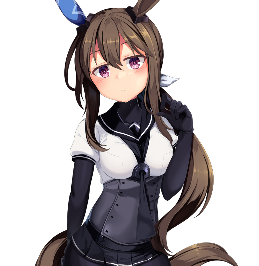 1girl admire_vega_(umamusume) alternate_costume animal_ears black_bodysuit black_headband black_neckerchief black_sailor_collar black_skirt bodysuit brown_hair clothes_writing corset cosplay cowboy_shot ear_covers hachimaki hairband hatsuzuki_(kancolle) hatsuzuki_(kancolle)_(cosplay) headband highres horse_ears horse_girl horse_tail kantai_collection long_hair looking_at_viewer low_ponytail neckerchief sailor_collar school_uniform serafuku shirt short_hair short_sleeves simple_background single_ear_cover skirt solo tail umamusume white_background white_shirt yasume_yukito yellow_eyes