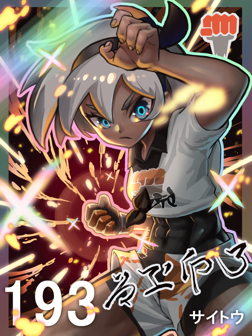 1girl absurdres bangs bea_(pokemon) black_bodysuit black_hairband blue_eyes bodysuit bodysuit_under_clothes bow_hairband character_name clenched_hand closed_mouth collared_shirt commentary_request covered_abs dark-skinned_female dark_skin dokutsumamuru dynamax_band fighting_stance frown gloves grey_hair hairband highres looking_at_viewer partially_fingerless_gloves pokemon pokemon_(game) pokemon_swsh print_shirt print_shorts shirt short_hair short_sleeves shorts single_glove solo