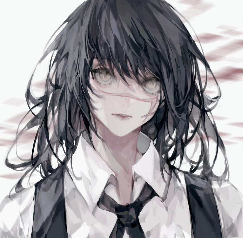 1girl absurdres bangs black_hair chainsaw_man collared_shirt highres looking_at_viewer medium_hair motion_blur neck_ribbon parted_lips portrait ribbon scar scar_on_cheek scar_on_face scar_on_nose school_uniform shirt simple_background solo white_background white_shirt xueer22217 yellow_eyes yoru_(chainsaw_man)