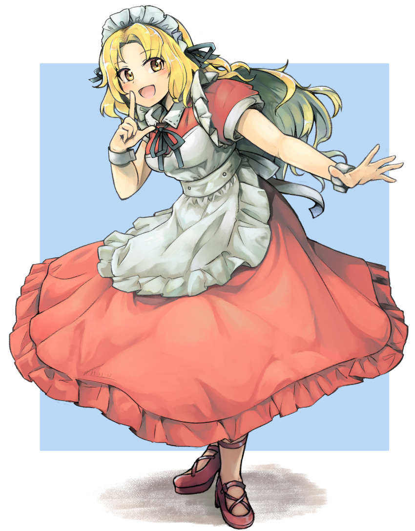1girl absurdres apron blonde_hair blue_background border commission dress ginnkei hair_ornament highres long_hair maid maid_apron maid_headdress open_mouth red_dress red_footwear red_shirt shadow shirt short_sleeves skeb_commission smile solo touhou white_border yellow_eyes yumeko_(touhou)