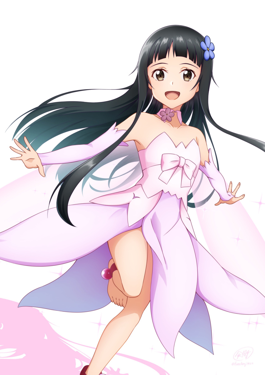 1girl :d bare_legs barefoot black_hair blue_eyes blue_flower bow brown_eyes collarbone detached_collar detached_sleeves dress floating_hair flower hair_flower hair_ornament highres ken-ji leg_up long_hair long_sleeves looking_at_viewer open_mouth outstretched_arms outstretched_hand pink_bow pink_dress pink_sleeves shiny shiny_hair simple_background smile solo strapless strapless_dress sword_art_online very_long_hair white_background yui_(sao-alo)