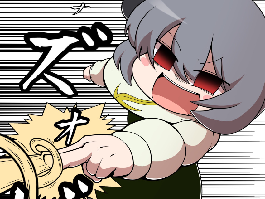 1girl animal_ears bangs blush capelet commentary_request cookie_(touhou) dress finger_gun gradient_eyes green_dress grey_hair highres laser long_sleeves madore mouse_ears mouse_girl multicolored_eyes nazrin nyon_(cookie) open_mouth red_eyes short_hair solo touhou upper_body white_background white_capelet