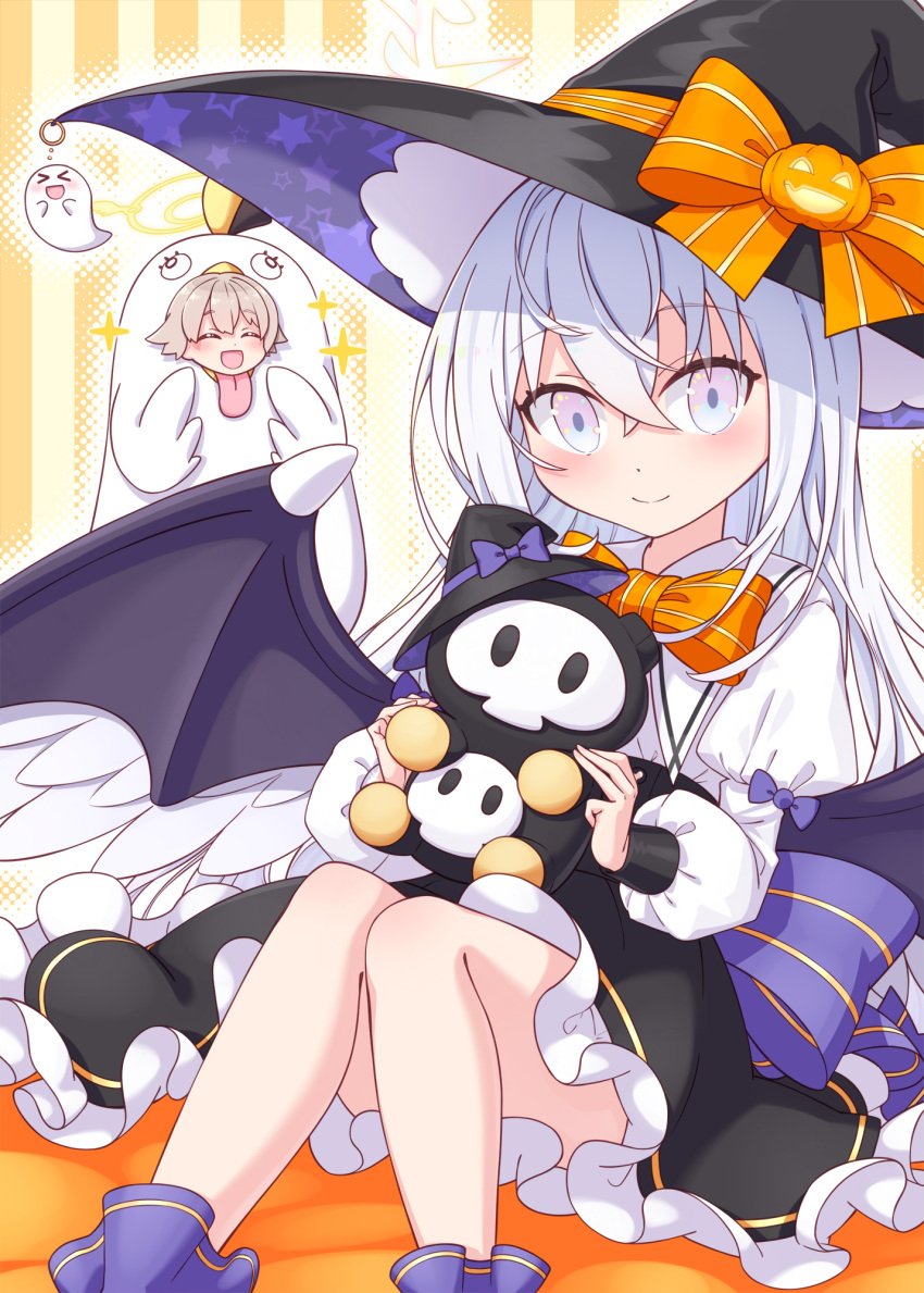 2girls :d ^_^ animal_costume azusa_(blue_archive) bangs black_headwear black_skirt black_wings blue_archive blush bow closed_eyes closed_mouth commentary_request cosplay demon_wings feet_out_of_frame frilled_skirt frills grey_hair hair_between_eyes halloween harada_(sansei_rain) hat hifumi_(blue_archive) highres holding jack-o'-lantern juliet_sleeves knees_up long_hair long_sleeves multiple_girls orange_bow peroro_(blue_archive) peroro_(blue_archive)_(cosplay) puffy_sleeves shirt skirt smile sparkle striped striped_background striped_bow vertical_stripes very_long_hair white_shirt wings witch_hat