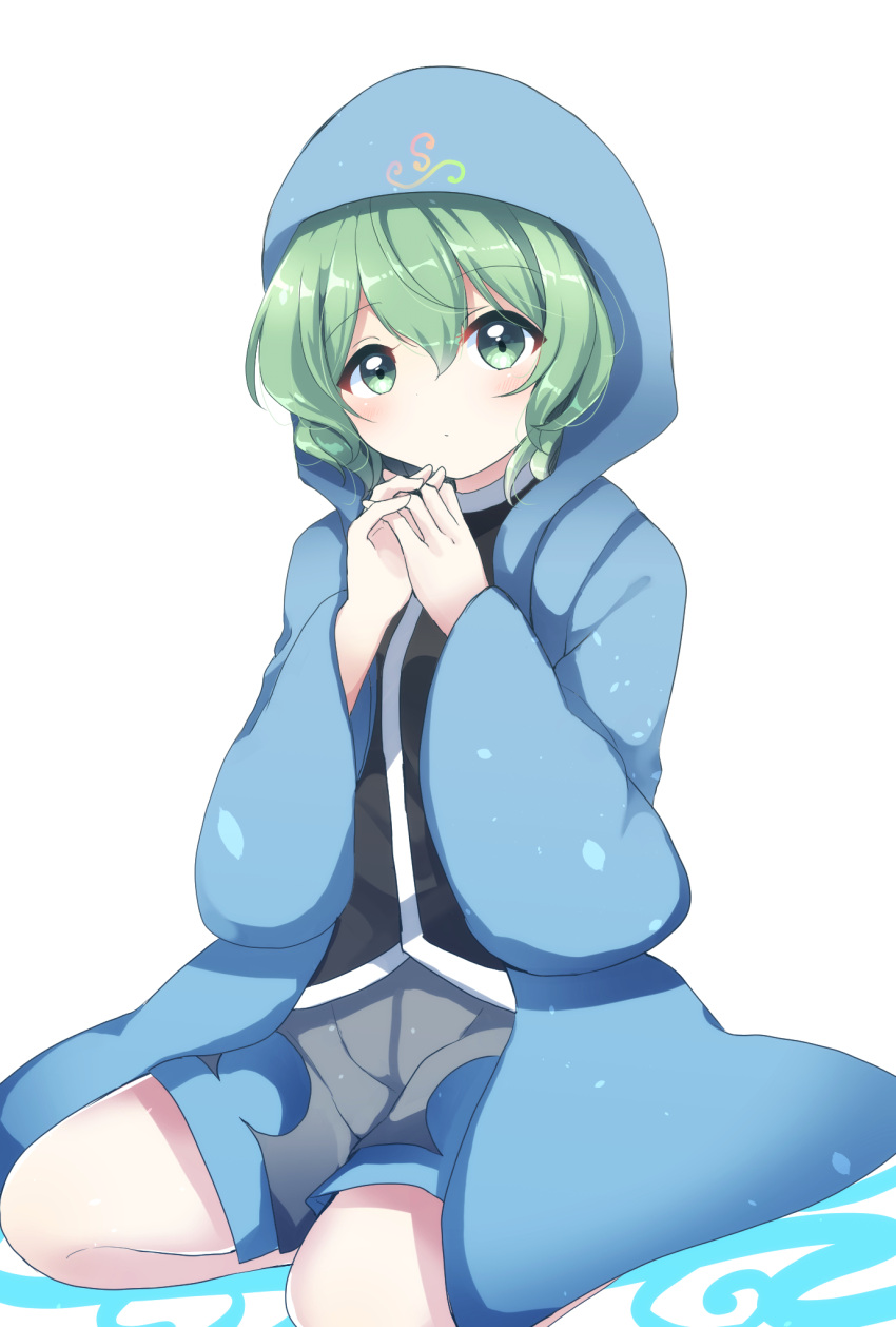 1girl bangs black_shirt blue_coat breasts closed_mouth coat commentary_request genderswap genderswap_(otf) green_eyes green_hair hair_between_eyes hands_up highres hood hood_up hooded_coat len'en open_clothes open_coat ougi_hina own_hands_together seiza shirt shitodo_aoji short_hair shorts simple_background sitting small_breasts solo white_background