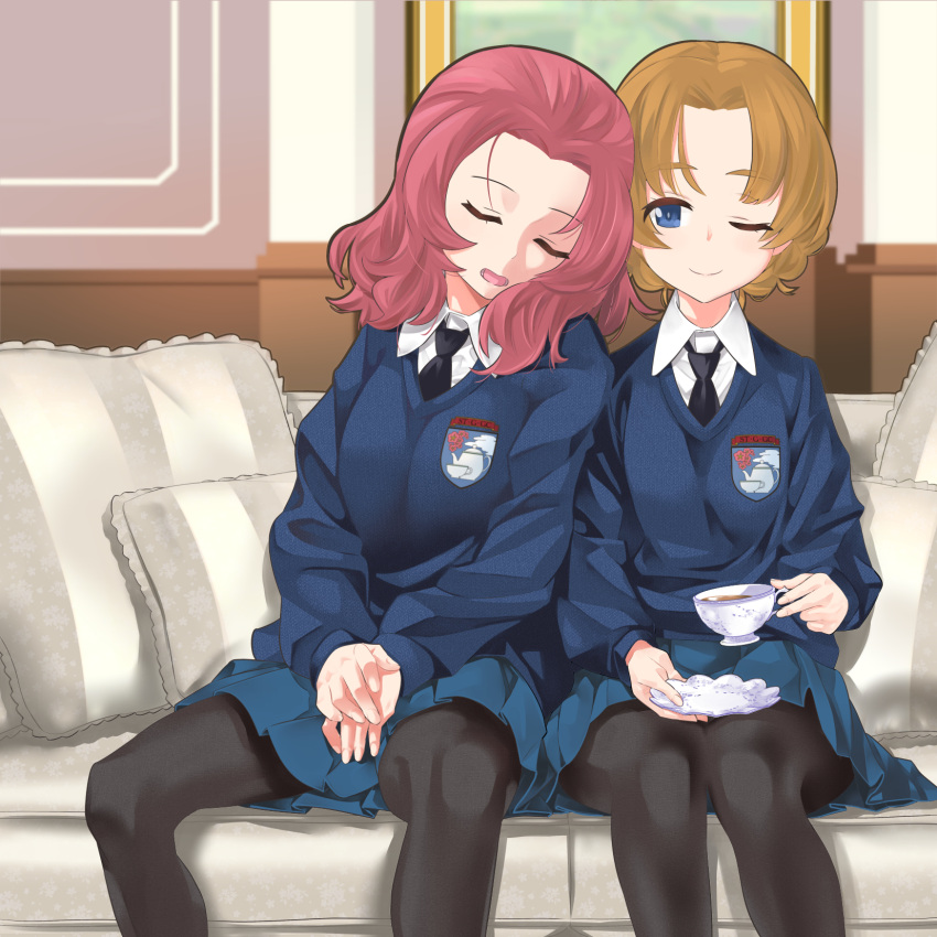 2girls bangs black_necktie black_pantyhose blue_eyes blue_skirt blue_sweater closed_eyes closed_mouth commentary_request couch cup dress_shirt emblem girls_und_panzer highres holding holding_cup holding_saucer indoors inou_takashi leaning_on_person long_sleeves looking_at_viewer medium_hair miniskirt multiple_girls necktie on_couch one_eye_closed open_mouth orange_pekoe_(girls_und_panzer) pantyhose pleated_skirt redhead rosehip_(girls_und_panzer) saucer school_uniform shirt short_hair sitting skirt smile st._gloriana's_(emblem) st._gloriana's_school_uniform sweater tea v-neck v_arms white_shirt wing_collar