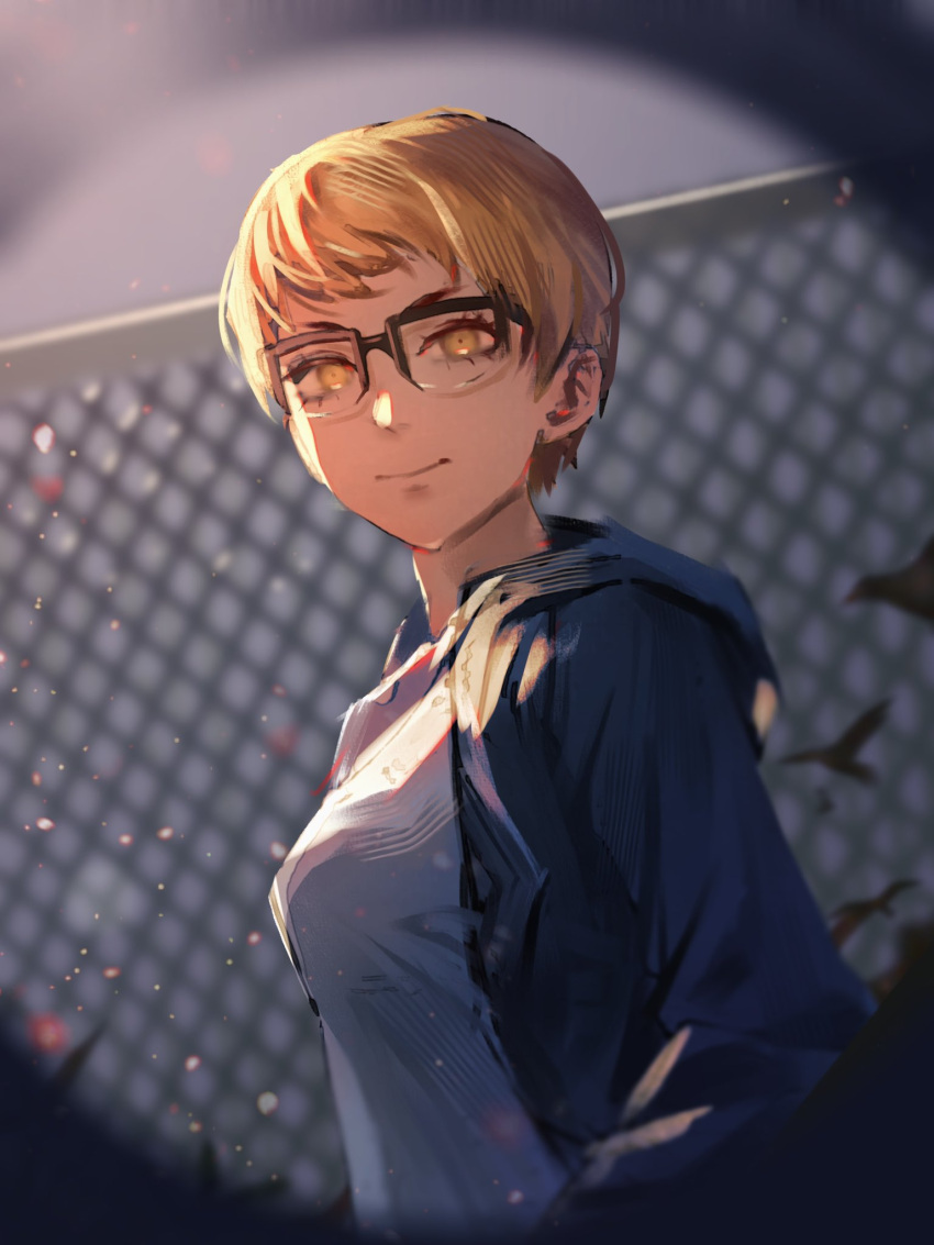 1girl blonde_hair chain-link_fence chainsaw_man fence glasses highres hood hood_down hooded_jacket hoodie jacket kozzz_y looking_at_viewer shirt short_hair smile solo white_shirt yellow_eyes yuko_(chainsaw_man)