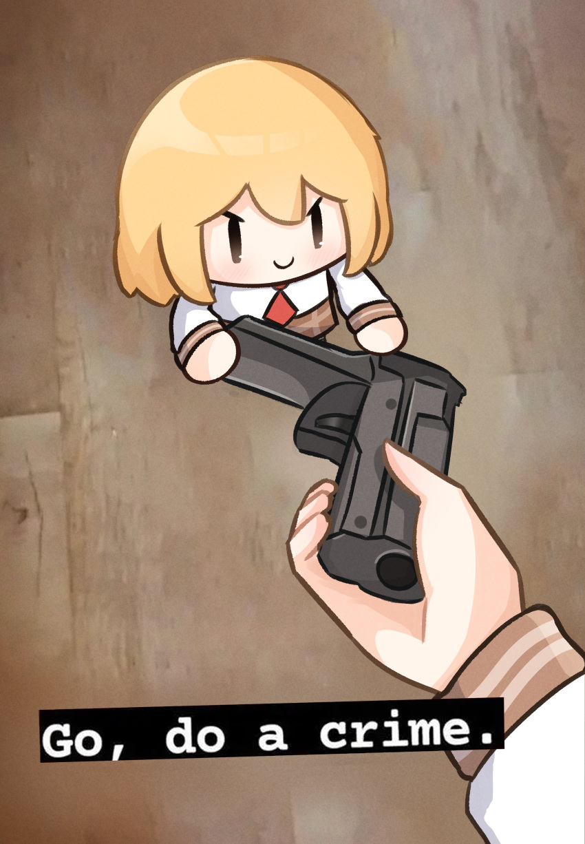 2girls absurdres bangs blonde_hair blue_eyes commentary dual_persona giving go_do_a_crime_(meme) gun hair_ornament handgun highres hololive hololive_english looking_ahead meme moon_ldl multiple_girls necktie red_necktie shirt smile smol_ame solo_focus virtual_youtuber watson_amelia weapon white_shirt