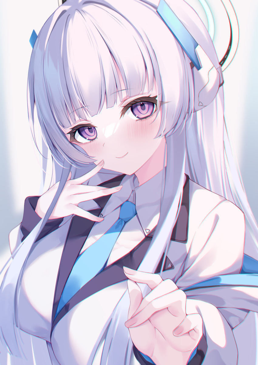 1girl absurdres blue_archive blue_necktie collared_shirt gou_213 halo hand_on_own_face highres jacket long_hair looking_at_viewer mechanical_halo necktie noa_(blue_archive) shirt sidelocks smile solo violet_eyes white_hair white_jacket white_shirt