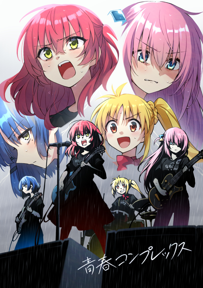 4girls bass_guitar black_shirt blonde_hair blue_eyes blue_hair blush bob_cut bocchi_the_rock! bow bowtie clenched_teeth closed_mouth drum electric_guitar gotou_hitori grin guitar hair_ornament hairclip highres holding holding_instrument ijichi_nijika instrument kita_ikuyo medium_hair microphone microphone_stand mole mole_under_eye multiple_girls music one_side_up open_mouth pants pink_hair playing_instrument projected_inset red_bow red_bowtie red_eyes redhead shirt singing skirt smile somechime_(sometime1209) sweat teeth yamada_ryou yellow_eyes