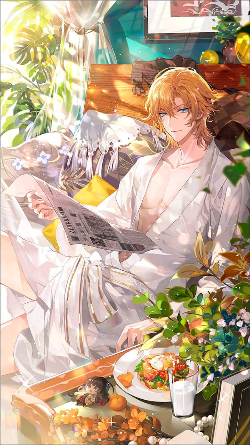 1boy bacon bathrobe blonde_hair blue_eyes character_doll cowboy_shot cup curtains dappled_sunlight drinking_glass egg_(food) eggs_benedict flower food for_all_time fruit hair_between_eyes highres holding holding_newspaper indoors looking_at_viewer luo_xia male_focus mandarin_orange milk newspaper on_bed orange_flower pectorals picture_frame pillow pink_flower plant reclining short_hair smile solo sunlight transparent_curtains tray zhenzhibang149
