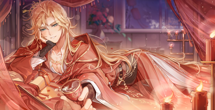 1boy alcohol aqua_eyes blonde_hair brown_sash candle candlestand cup curtained_hair curtains feet_out_of_frame flower for_all_time head_rest highres holding holding_cup lantern long_hair looking_at_viewer luo_xia lying male_focus on_bed on_stomach paper_lantern parted_lips pectoral_cleavage pectorals pillow red_robe robe shirt sleeves_past_wrists smile solo vase white_shirt window zukiyn_zhui