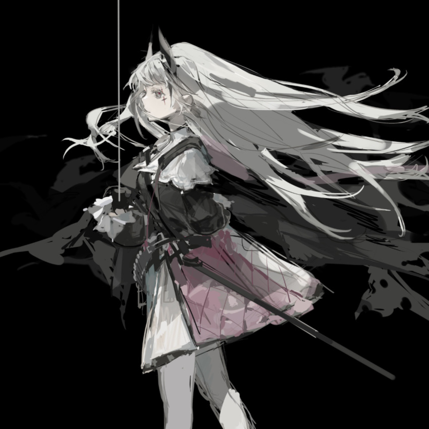 1girl arknights black_background black_gloves black_jacket capelet commentary_request floating_hair from_side gloves grey_eyes grey_hair highres holding holding_sword holding_weapon irene_(arknights) jacket long_hair long_sleeves looking_away midoriii717 pantyhose parted_lips puffy_long_sleeves puffy_sleeves simple_background sketch skirt solo standing sword very_long_hair weapon white_capelet white_pantyhose white_skirt