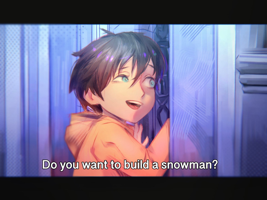 1boy aged_down black_hair blue_eyes chainsaw_man child door frozen_(disney) hair_between_eyes hayakawa_aki highres hood hoodie jacket kozzz_y letterboxed lock looking_at_object open_mouth peeking scene_reference short_hair solo subtitled yellow_hoodie yellow_jacket