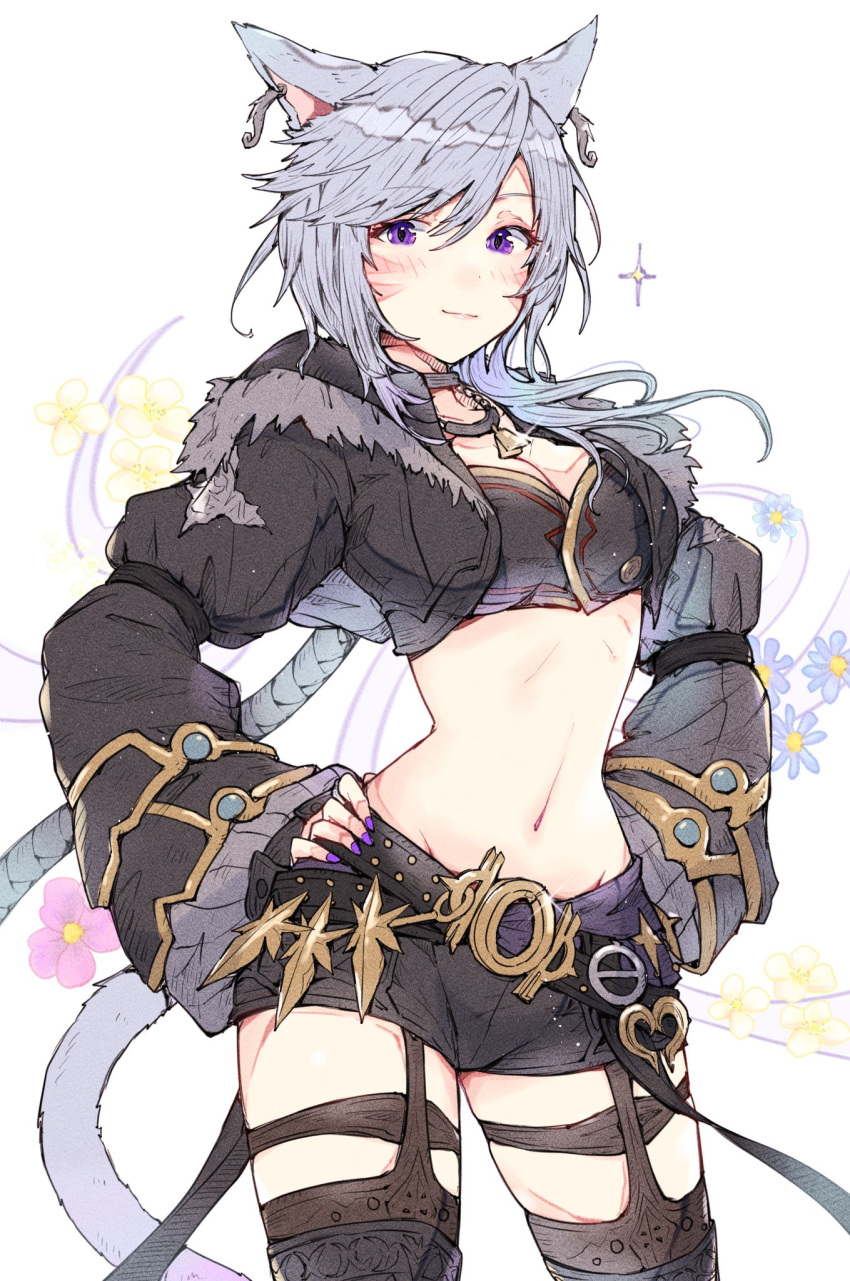 1girl animal_ears avatar_(ff14) belt black_jacket black_shorts black_thighhighs breasts cat_ears cat_girl cropped_jacket final_fantasy final_fantasy_xiv garter_straps grey_hair hands_on_hips highres jacket long_hair medium_breasts midriff mokokoiro navel short_shorts shorts smile stomach thigh-highs very_long_hair violet_eyes