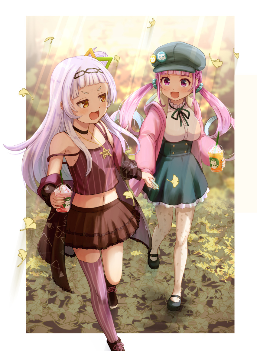 2girls bangs blunt_bangs brand_name_imitation breasts choker commentary_request crop_top detached_sleeves drinking_straw falling_leaves frappuccino hair_ornament hair_scrunchie hairband haniwa_(leaf_garden) hat high-waist_skirt highres holding_hands hololive jacket large_breasts leaf long_hair long_sleeves midriff minato_aqua multiple_girls murasaki_shion navel open_mouth pentagram pink_hair pink_jacket pleated_skirt purple_hair scrunchie single_thighhigh skirt small_breasts smile thigh-highs twintails violet_eyes virtual_youtuber whipped_cream