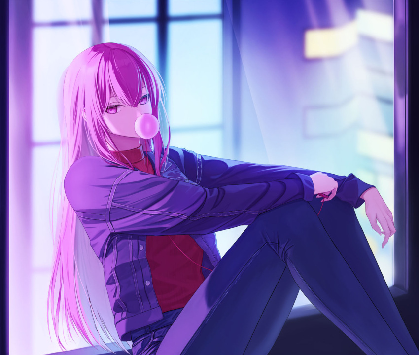 1girl against_window chewing_gum city_lights denim denim_jacket hero_(bad_end_theater) highres hololive hololive_english indoors jacket jeans long_hair looking_at_viewer mori_calliope muwon open_clothes open_jacket pants pink_eyes pink_hair red_shirt shirt sidelocks sitting solo straight_hair turtleneck virtual_youtuber