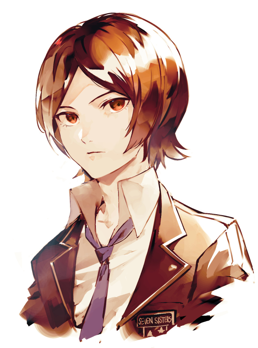 1boy bangs blue_necktie brown_eyes brown_hair brown_jacket closed_mouth collared_shirt cropped_torso highres jacket lor_(roasyerizyonirapi) male_focus necktie open_clothes open_jacket parted_bangs persona persona_2 school_uniform seven_sisters_high_school_uniform shirt short_hair solo suou_tatsuya white_shirt wing_collar