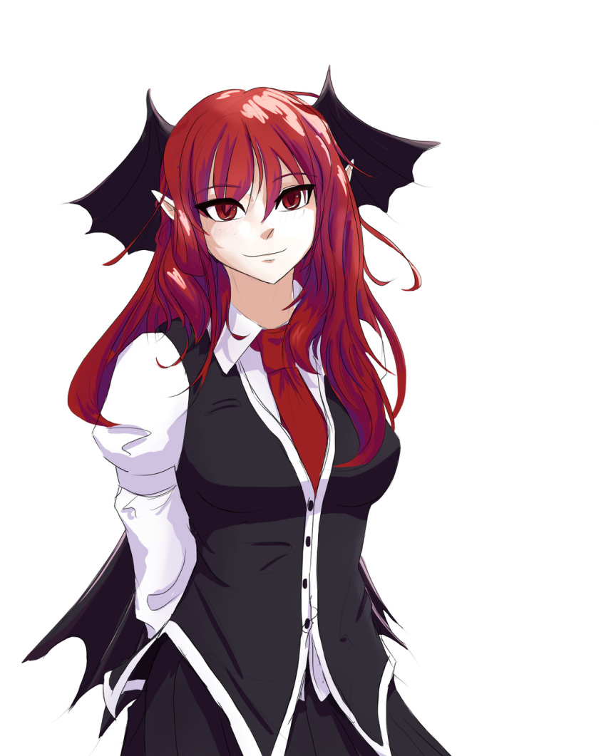 1girl arms_behind_back bat_wings black_skirt black_vest breasts buttons collared_shirt commentary cowboy_shot dress_shirt english_commentary eyes_visible_through_hair hair_between_eyes head_tilt head_wings highres koakuma light_smile long_hair long_sleeves low_wings medium_breasts necktie pointy_ears red_eyes red_necktie redhead shirt sidelocks simple_background skirt skirt_set snakfusker solo touhou untucked_shirt vest white_background white_shirt wings