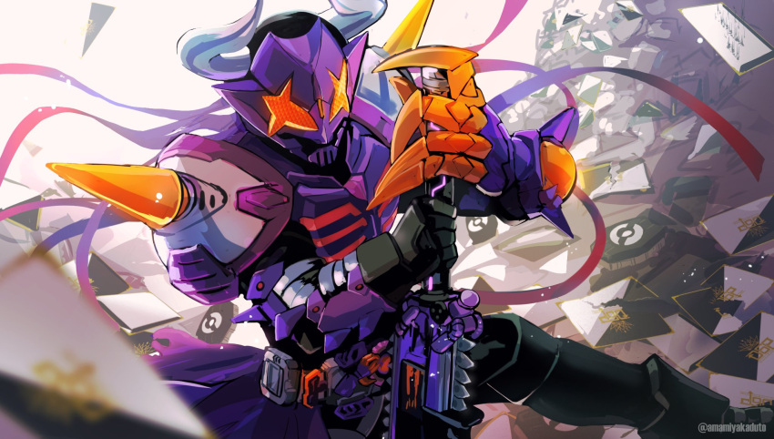 1boy amamiyakaduto black_bodysuit black_footwear black_gloves bodysuit boots buffalo bull chainsaw claw_(weapon) commentary_request cowboy_shot dutch_angle gloves gradient_hair highres horns kamen_rider kamen_rider_buffa kamen_rider_geats_(series) landing long_hair male_focus multicolored_hair purple_hair purple_scarf redhead reverse_grip scarf shoulder_spikes spikes sword tokusatsu weapon white_background zombie_breaker zombie_buckle
