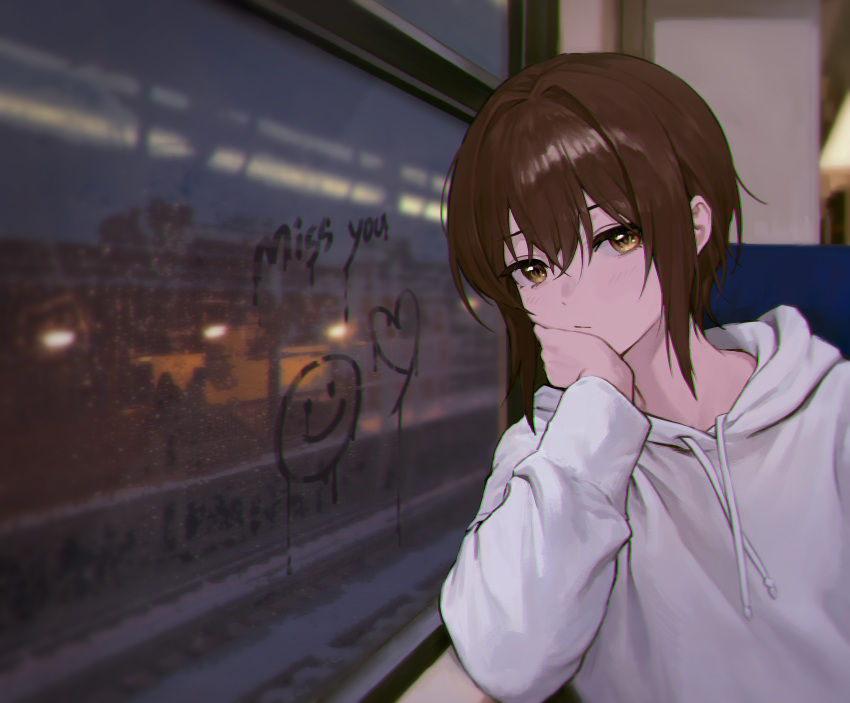 1girl absurdres bangs blush brown_hair closed_mouth commentary emoji english_commentary english_text hair_between_eyes hand_on_own_cheek hand_on_own_face heart highres hood hood_down hooded_jacket indoors jacket jongho_bak long_sleeves looking_at_viewer medium_hair original sidelocks solo train_interior upper_body white_jacket window yellow_eyes