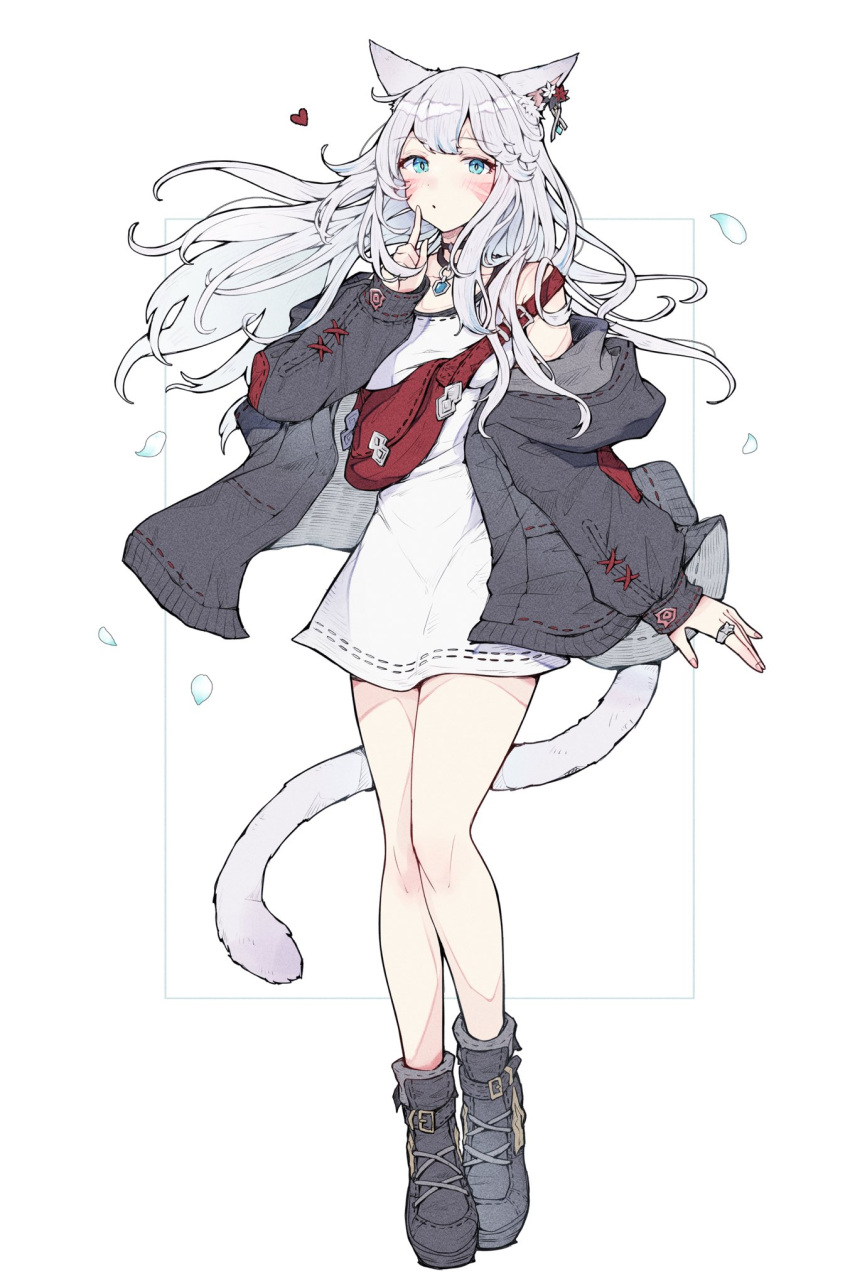 1girl animal_ears avatar_(ff14) blue_eyes boots cat_ears cat_girl cat_tail fanny_pack final_fantasy final_fantasy_xiv full_body grey_hair grey_jacket highres jacket jewelry long_hair long_shirt miqo'te mokokoiro off-shoulder_jacket off_shoulder open_clothes open_jacket ring shirt sleeveless sleeveless_shirt tail white_shirt