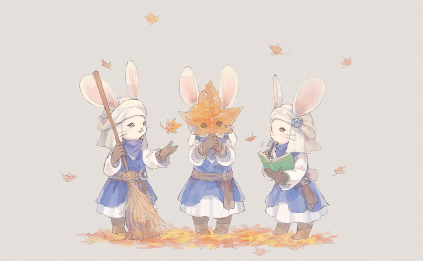 3others :3 androgynous animal_ears autumn_leaves blue_dress blue_eyes blue_gemstone blue_scarf book broom brown_gloves commentary covered_face covering_face dress falling_leaves final_fantasy final_fantasy_xiv full_body furry gem gloves grey_background hands_up highres holding holding_book holding_broom holding_leaf holding_pen leaf looking_at_another loporrit multiple_others omori_hakumai open_mouth pen rabbit_ears rabbit_tail scarf simple_background smile standing tail turban whiskers white_dress white_headwear writing