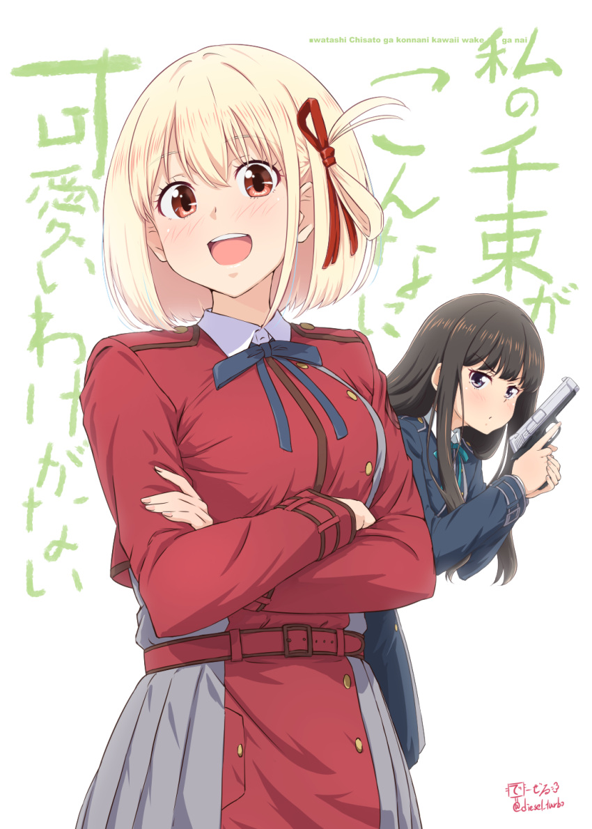 2girls :d belt black_hair blonde_hair blue_dress blue_ribbon blush can't_be_this_cute commentary_request crossed_arms diesel-turbo dress grey_dress gun hair_ribbon handgun highres holding holding_gun holding_weapon inoue_takina long_hair long_sleeves looking_at_another looking_at_viewer lycoris_recoil multiple_girls neck_ribbon nishikigi_chisato ore_no_imouto_ga_konna_ni_kawaii_wake_ga_nai red_belt red_dress red_eyes red_ribbon ribbon round_teeth short_hair smile teeth translation_request two-tone_dress upper_teeth violet_eyes weapon white_background