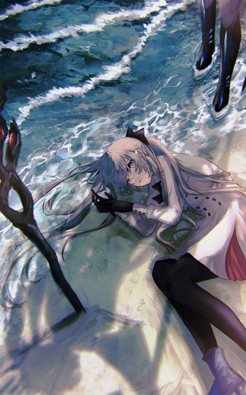 beach black_gloves blue_eyes boots bow dress dual_persona fate/grand_order fate_(series) gloves highres long_hair lying morgan_le_fay_(fate) nigiri ocean on_side pantyhose staff time_paradox tonelico_(fate) white_dress