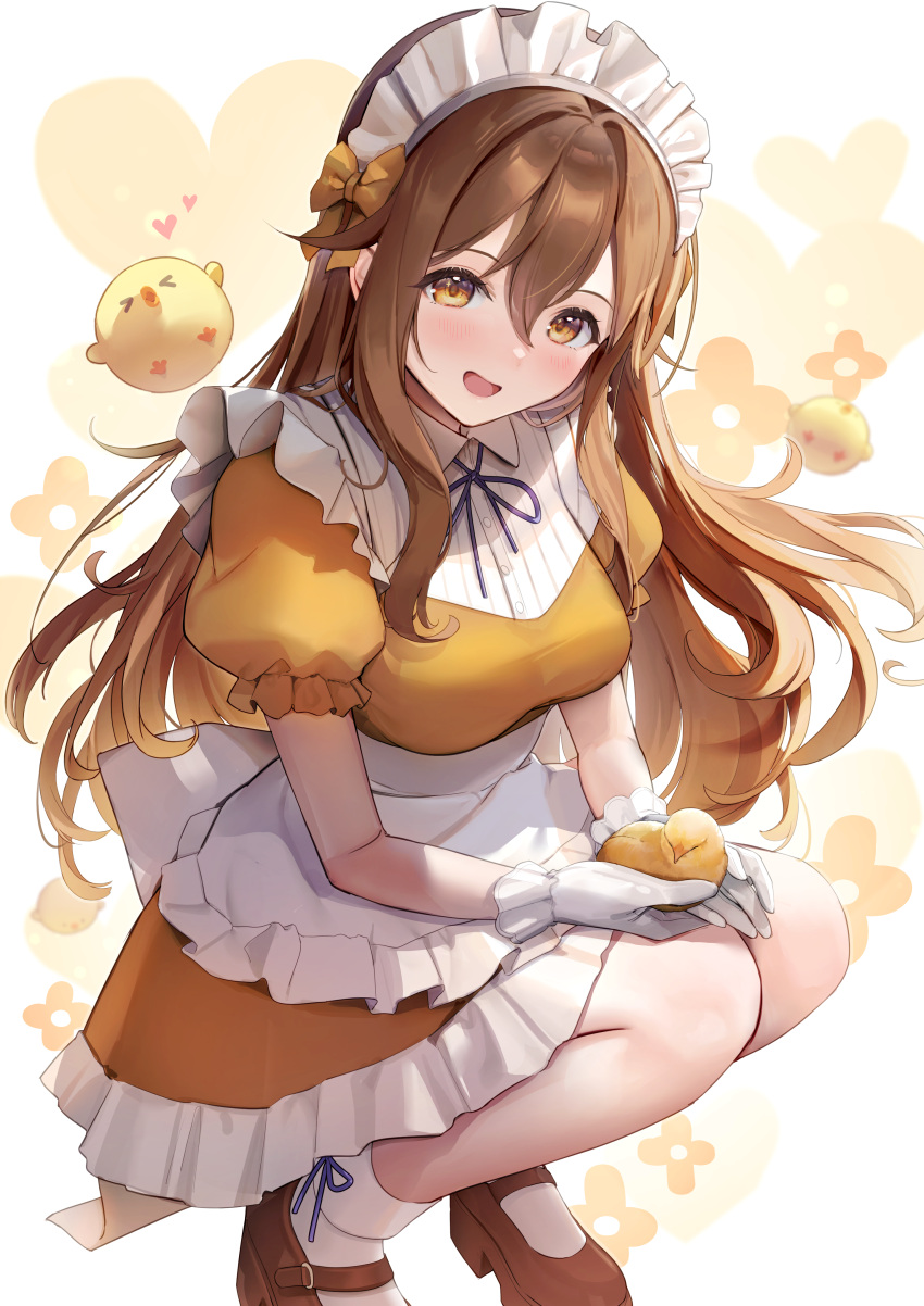 &gt;_&lt; 1girl :d absurdres animal apron bangs bird blue_ribbon breasts brown_dress brown_eyes brown_footwear brown_hair cbi_cbi chick commentary_request dress floral_background frilled_apron frills gloves hair_between_eyes heart heart_background highres long_hair looking_at_viewer maid maid_headdress medium_breasts neck_ribbon original puffy_short_sleeves puffy_sleeves ribbon shoes short_sleeves smile socks solo very_long_hair white_apron white_background white_gloves white_socks