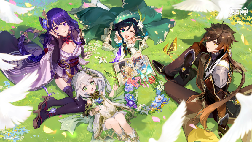 2boys 2girls aether_(genshin_impact) armor bangs bard black_gloves black_hair bloomers book bracelet braid braided_ponytail breasts bridal_gauntlets brown_hair cape collared_cape cross-shaped_pupils detached_sleeves dress earrings female_child flower genshin_impact gloves gradient_hair green_cape green_eyes green_hair green_headwear green_shorts hair_between_eyes hair_flower hair_ornament highres japanese_clothes jewelry kimono leaf_hair_ornament long_hair long_sleeves lumine_(genshin_impact) medium_breasts medium_hair multicolored_hair multiple_boys multiple_girls nahida_(genshin_impact) obi official_art okobo open_book paimon_(genshin_impact) pointy_ears ponytail purple_hair purple_kimono raiden_shogun sash short_hair_with_long_locks shorts shoulder_armor side_braids side_ponytail single_earring sleeveless sleeveless_dress smile stirrup_footwear tassel thigh-highs thighs twin_braids underwear venti_(genshin_impact) very_long_hair violet_eyes white_bloomers white_dress white_flower white_footwear white_hair yellow_eyes zhongli_(genshin_impact)