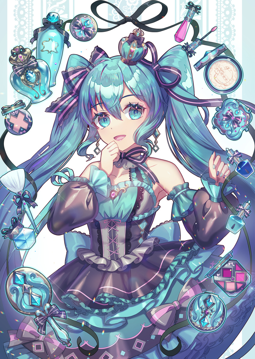 1girl aqua_dress aqua_eyes aqua_hair bangs black_bow black_corset black_dress black_sleeves bow clenched_hand collarbone commentary_request corset cowboy_shot crown detached_sleeves dress earrings gem hair_bow hand_on_own_face hatsune_miku highres jewelry layered_dress long_hair looking_at_viewer open_mouth patterned_background pink_bow puffy_sleeves raymond_busujima sidelocks sleeveless sleeveless_dress smile solo standing striped striped_background striped_bow twintails vocaloid white_background