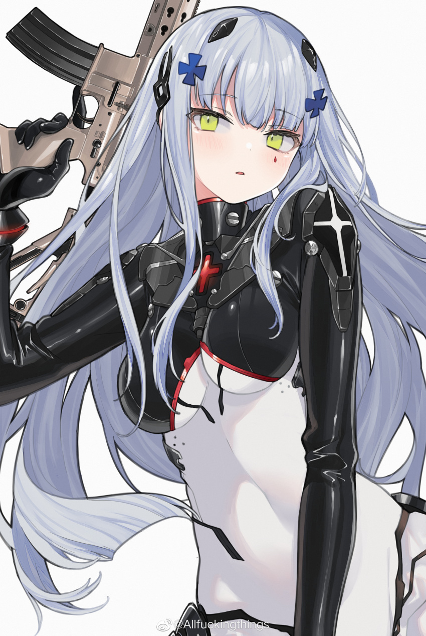 1girl absurdres bangs blush english_commentary girls_frontline green_eyes grey_hair gun hair_between_eyes hair_ornament highres hk416_(girls'_frontline) hk416_(midnight_evangelion)_(girls'_frontline) holding holding_gun holding_weapon leotard long_hair looking_at_viewer mimelond official_alternate_costume rifle simple_background solo teardrop_facial_mark teardrop_tattoo weapon weibo_logo weibo_username white_background