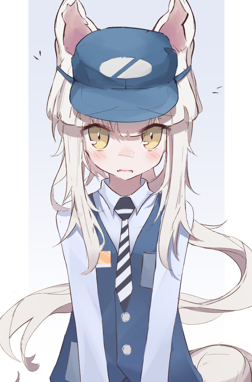 1girl absurdres animal_ears arknights bangs baseball_cap blue_background blue_headwear blue_vest blush brown_eyes collared_shirt commentary diagonal-striped_necktie employee_uniform english_commentary hair_between_eyes hat highres long_hair looking_at_viewer nalphanne parted_lips platinum_(arknights) ponytail shirt solo two-tone_background uniform upper_body very_long_hair vest white_background white_hair white_shirt