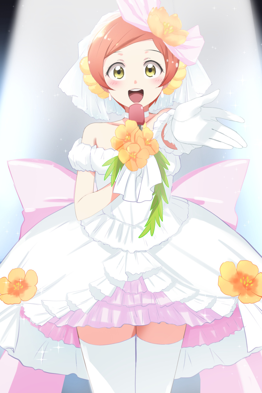 1girl back_bow bow choker dress earrings flower frilled_dress frills gloves hair_flower hair_ornament highres holding holding_microphone hoshizora_rin jewelry love_live! love_live!_school_idol_project microphone open_mouth orange_hair outstretched_hand short_dress short_hair smile solo spotlight strapless strapless_dress tanaka_yutaka thigh-highs veil white_choker white_gloves yellow_eyes