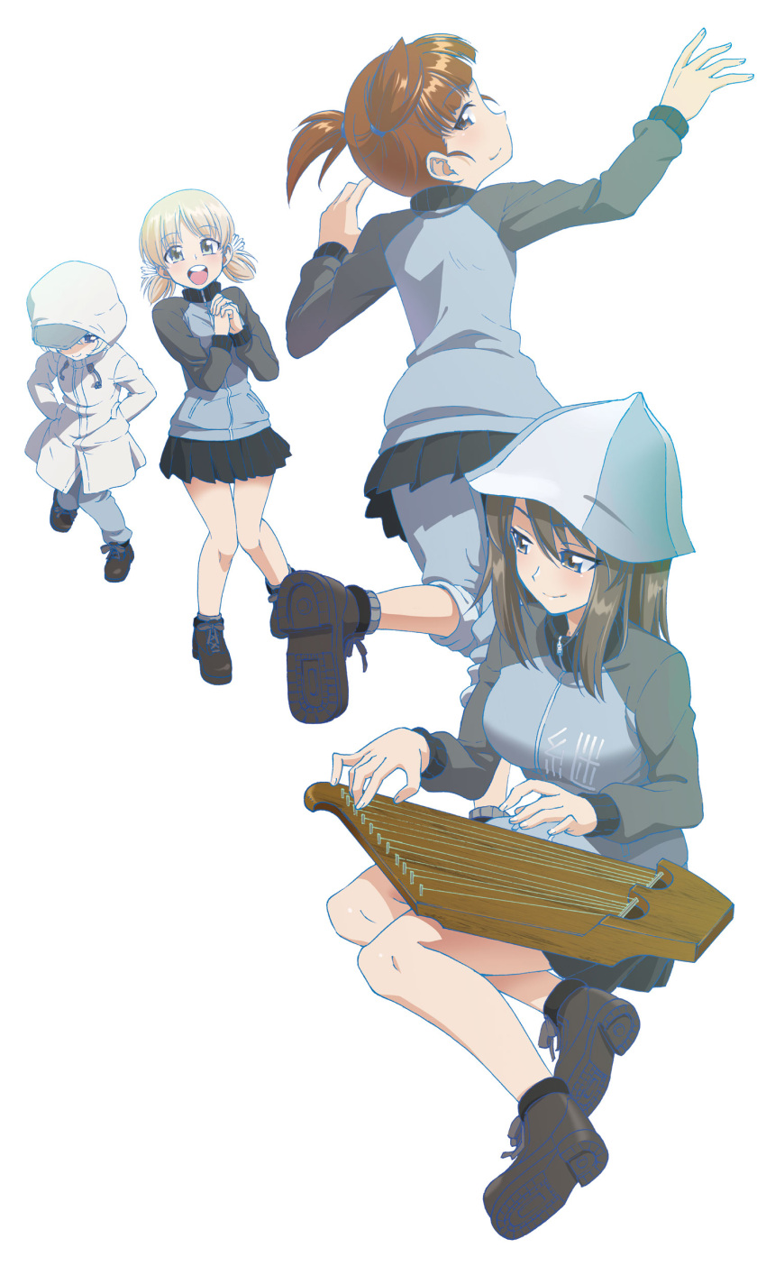 4girls absurdres aki_(girls_und_panzer) ankle_boots bangs baseball_cap black_footwear blue_headwear blue_jacket blue_pants blue_skirt boots brown_eyes brown_hair closed_mouth coat commentary_request floating girls_und_panzer green_eyes grey_socks hair_tie hands_in_pockets hat highres holding holding_instrument hood hood_up hooded_coat instrument interlocked_fingers jacket kantele keizoku_military_uniform light_brown_hair long_hair long_sleeves looking_at_another looking_at_viewer looking_back low_twintails mika_(girls_und_panzer) mikko_(girls_und_panzer) military military_uniform miniskirt multiple_girls music own_hands_together pants pants_under_skirt playing_instrument pleated_skirt raglan_sleeves saitaniya_ryouichi short_twintails simple_background skirt smile socks track_jacket track_pants tulip_hat twintails uniform white_background white_coat youko_(girls_und_panzer)