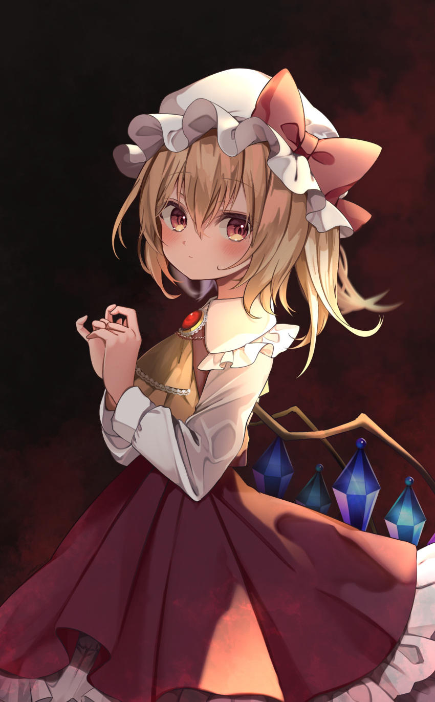 1girl :| absurdres ascot bangs blonde_hair blurry blush bow brooch closed_mouth collared_shirt commentary_request cowboy_shot crystal dark dark_background depth_of_field fidgeting flandre_scarlet frilled_shirt_collar frills from_side gem hair_between_eyes hands_up hat hat_bow high-waist_skirt highres index_fingers_together jewelry long_bangs long_hair long_sleeves looking_at_viewer looking_to_the_side low_wings mob_cap one_side_up own_hands_together partial_commentary petticoat pleated_skirt puffy_long_sleeves puffy_sleeves red_background red_bow red_eyes red_gemstone red_skirt red_vest shirt skirt skirt_set sleeve_cuffs solo standing touhou vest vignetting w_arms white_headwear white_shirt wing_collar wings yellow_ascot yuineko