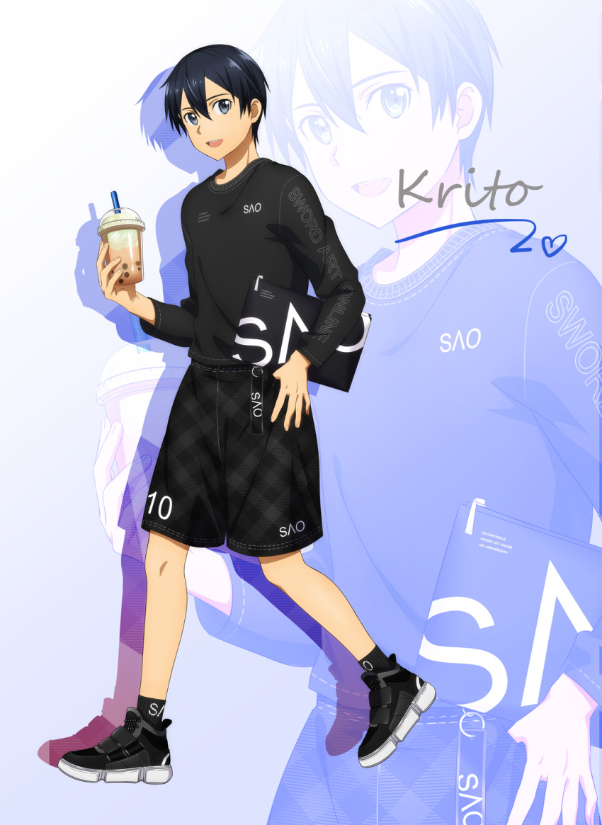 1boy black_eyes black_hair black_shirt black_shorts black_socks character_name cup drink drinking_straw fcc fingernails hair_between_eyes highres holding holding_cup kirito long_sleeves looking_at_viewer male_focus official_style open_mouth print_shirt shirt shoes shorts sneakers socks solo sword_art_online teeth thumb_in_pocket upper_teeth