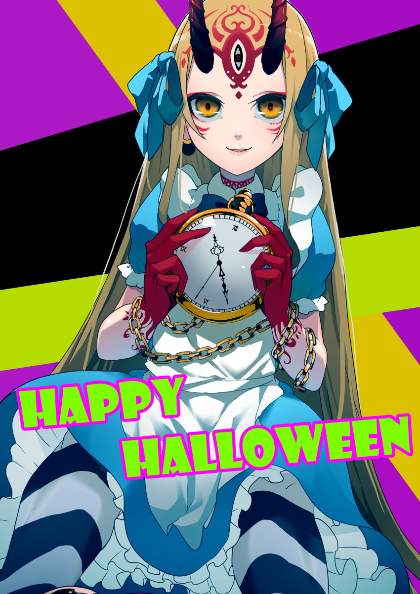 1girl absurdres alice_(alice_in_wonderland) alice_(alice_in_wonderland)_(cosplay) apron black_ribbon blonde_hair blue_dress blue_ribbon chain cosplay dress facial_mark fate/grand_order fate_(series) forehead_mark frilled_apron frilled_sleeves frills hair_ribbon happy_halloween highres holding holding_pocket_watch horns ibaraki_douji_(fate) legs_apart long_hair looking_at_viewer multicolored_background neck_ribbon oni oni_horns oversized_object pantyhose pocket_watch puffy_short_sleeves puffy_sleeves ribbon short_sleeves sidelocks sitting smile solo striped striped_pantyhose tattoo terasako watch yellow_eyes