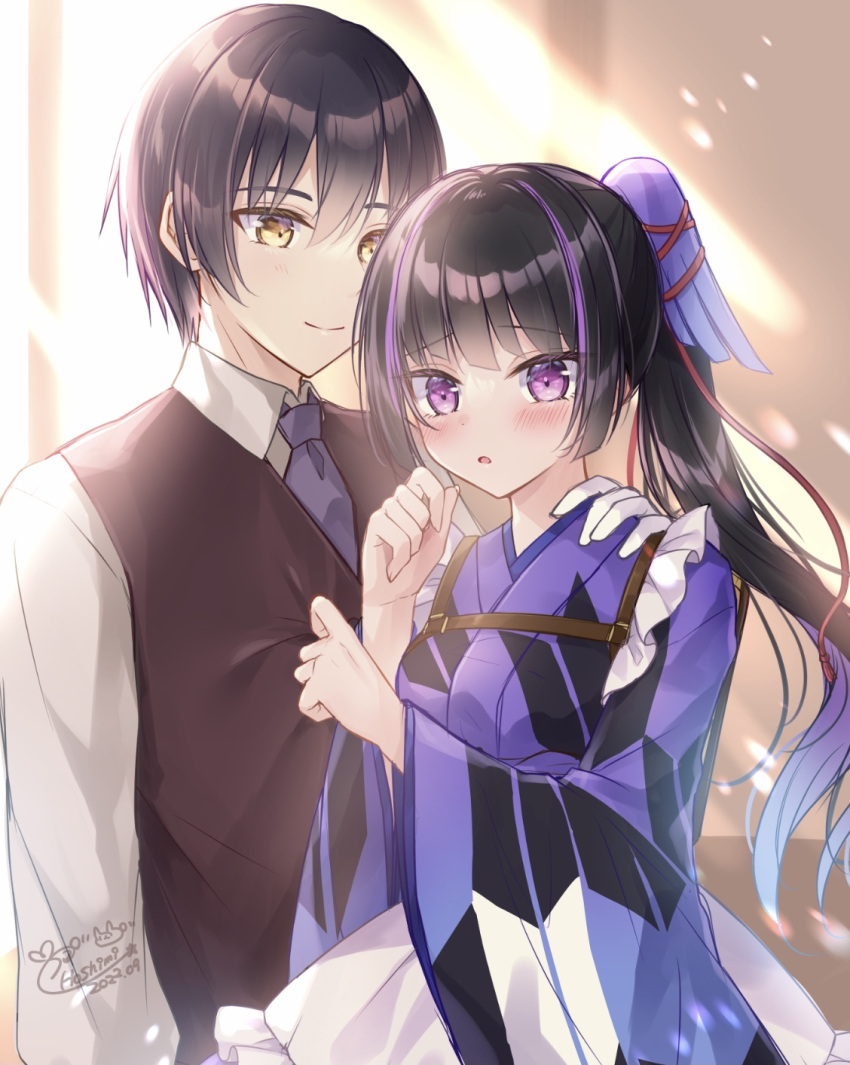 1boy 1girl apron backlighting bangs black_hair black_vest blue_necktie blush brown_eyes closed_mouth collared_shirt day frilled_apron frills hair_between_eyes hand_on_another's_shoulder highres indoors japanese_clothes karasuba_(prima_doll) kimono kohinata_hoshimi long_hair long_sleeves looking_at_viewer multicolored_hair necktie parted_lips ponytail prima_doll_(anime) print_kimono puffy_long_sleeves puffy_sleeves purple_hair purple_kimono shirt signature smile streaked_hair tohma_nagi very_long_hair vest violet_eyes waist_apron white_apron white_shirt wide_sleeves
